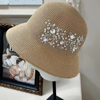 Elegantiškas Ceystal Akmuo Deimantas Kibiro Kepurę Plačiu Kraštų Šiaudų Skrybėlės Moterims Vasaros Kibirą Paplūdimys Skrybėlės