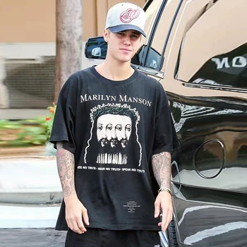 2023 Naujas Bieber Plauti Vintage Marškinėliai Psichodelinio Pav Rudenį Peties Atspausdintas T-shirt Mens Miesto Streetwear Baggy Tshirts Viršūnės