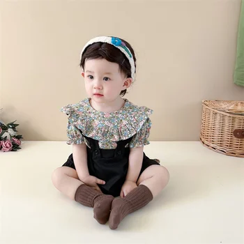 2023 Kūdikių Mergaičių Dirželis Kelnes Nustatyti Vasaros Korėjos Kūdikių Derliaus Suskaidytas Gėlės Trumpas Rankovės Marškinėliai Nėrinių Diržas Kelnes Baby Kombinezonas