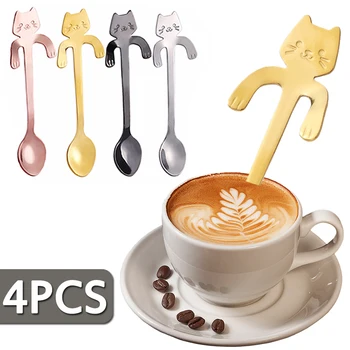 4Pcs Mini Kavos Šaukštai Nerūdijančio Plieno Cute Kačių Formos Šaukštelis Desertui Ledų Šaukštas Stalo Apdailos Virtuvės Įrankiai
