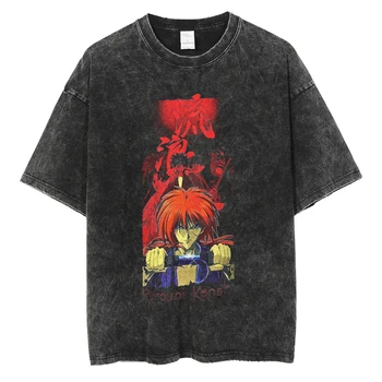 Hip-Hop Streetwear Vyrų Juoda Marškinėlius Plauti Derliaus Samurai X Anime Grafinis T-Shirt Vasaros Trumpomis Rankovėmis Medvilnės Marškinėliai Vyrų Viršūnės