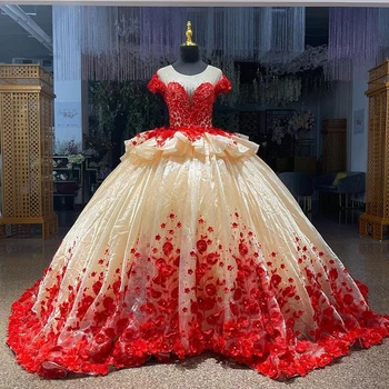 Raudona Quinceanera Suknelę, O-Kaklo Appliques 3D Gėlės Šalis Princesė Saldus 16 Kamuolys Suknelė Vestidos De 15 Años